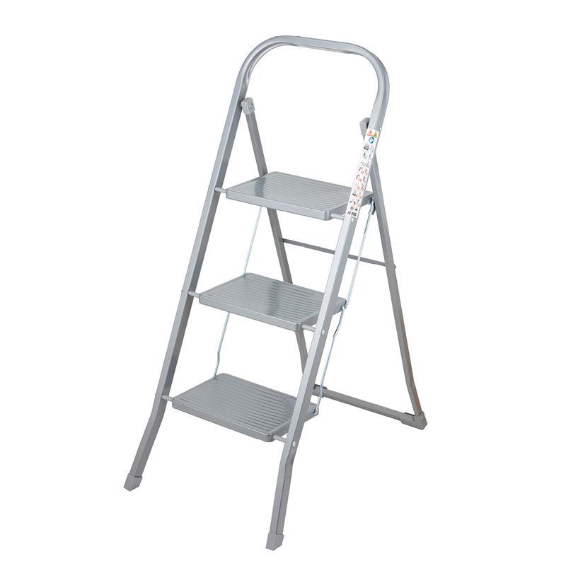 Our House 3 Tread Steel Step Ladder, Slip-Resistant Feet, Indoor Use, 150kg Maximum Weight, Grey
