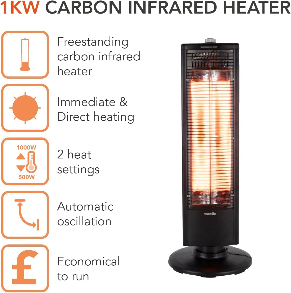 Warmlite WL42013 1KW Carbon Infrared Heater with Oscillation, Adjustable Thermostat and Overheat Protection, Black,80.5 cmx17.0 cmx22.5 cm