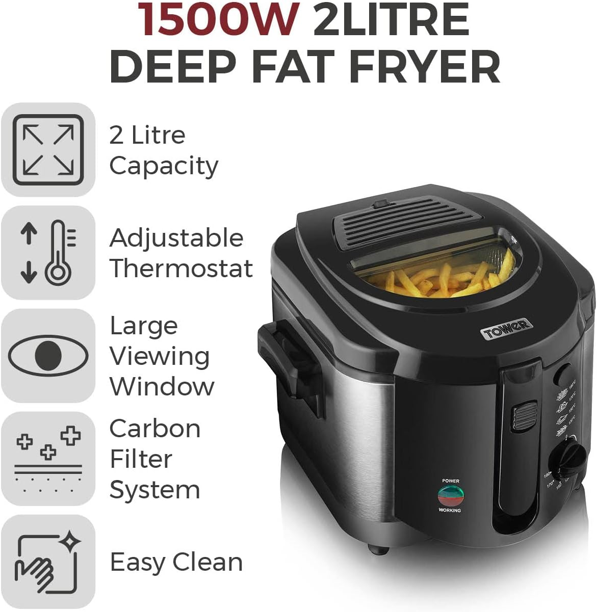 TOWER T17001 Deep Fat Fryer with Adjustable Thermostat, 2L, 1500W, Black