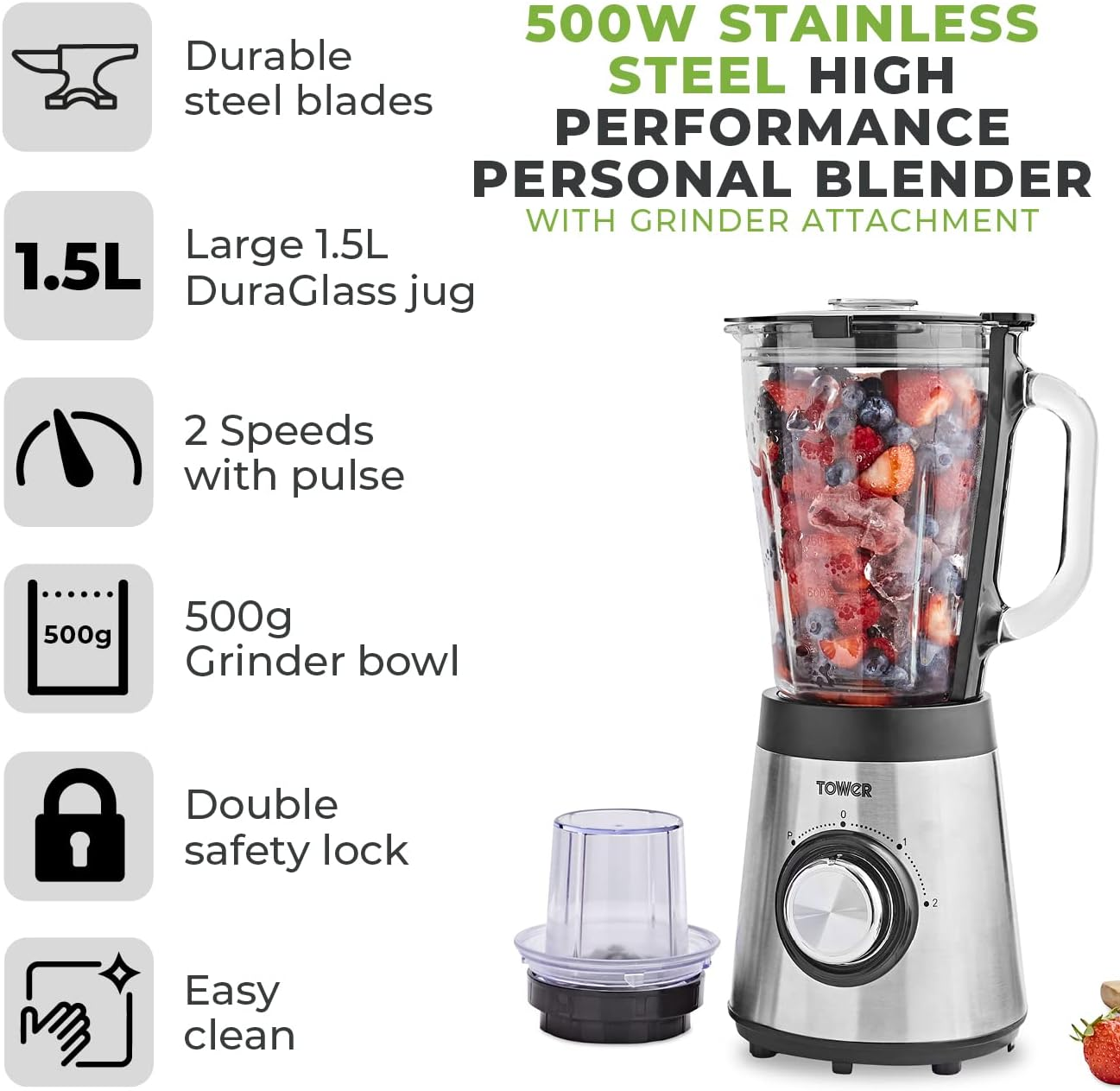 Tower T12073 DuraGlass Jug Blender with Grinder Attachment, 500W, Stainless Steel