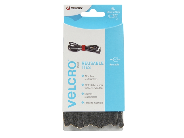 Velcro Adjustable Ties 12mm x 20cm Black 6pk