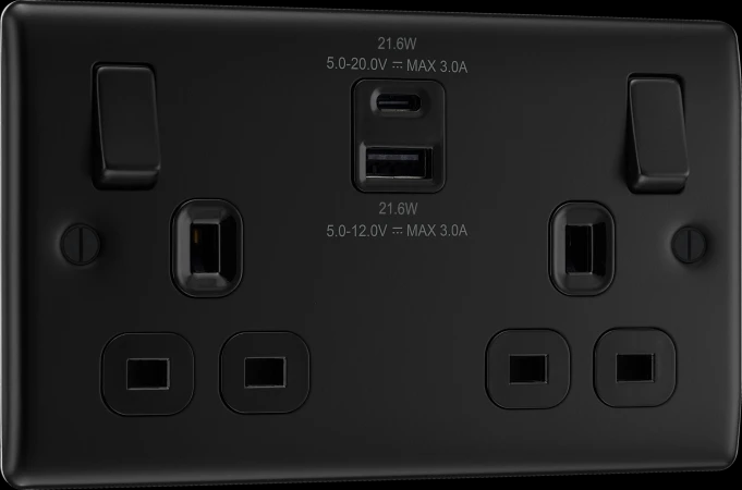 BG Nexus 13a Twin Socket with USB Charger 1 x USB C & 1 x USB A Matt Black