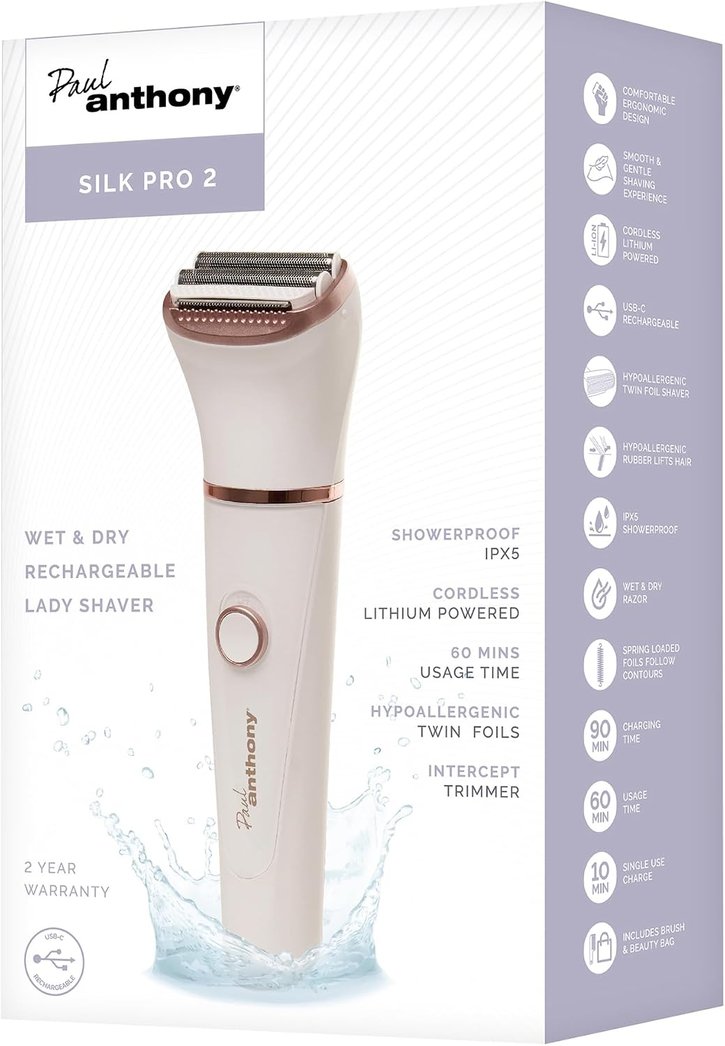 Paul Anthony 'Silk Pro 2' Wet & Dry Cordless Rechargeable Lady Shaver for Women, Showerproof, 60 Minute Use, Bikini Attachment, Storage Pouch - H3211