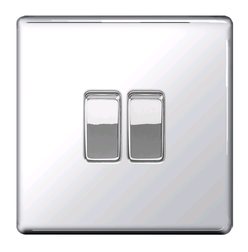 BG Polished Chrome Screwless Flatplate 2gang 2way Switch 