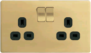 BG 2Gang 13a Socket Flatplate Polished Brass c/w Black Inserts 