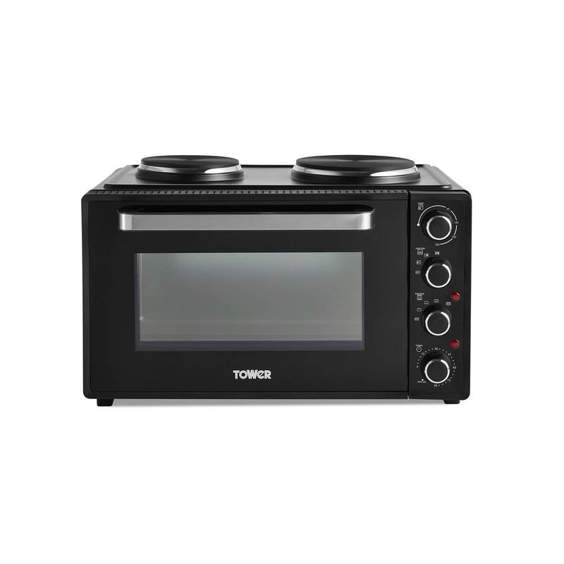 Tower 42 Litre Mini Oven with Hot Plates - Black with Silver Accents