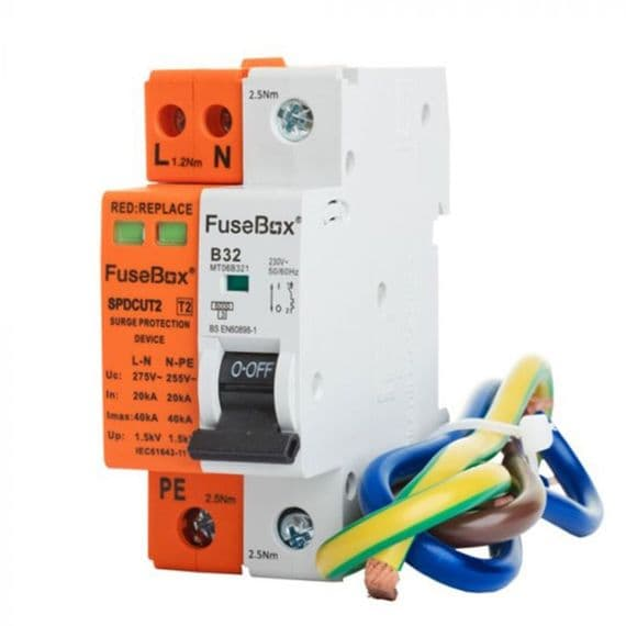 Fusebox SPD T2 32A MCB Cables (Consumer Unit Kit) Surge Protection Kit