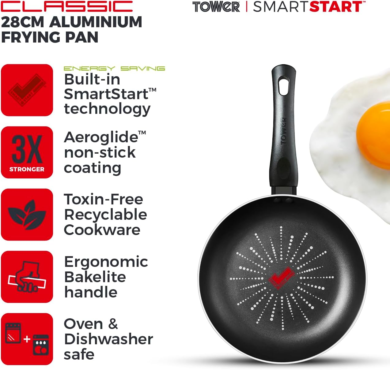 Tower T700301 Frying Pan SmartStart Classic 28cm Aluminium Frying Pan with Easy Clean Aeroglide Non-Stick, Oven Safe, Long Lasting, PFOA Free, Black