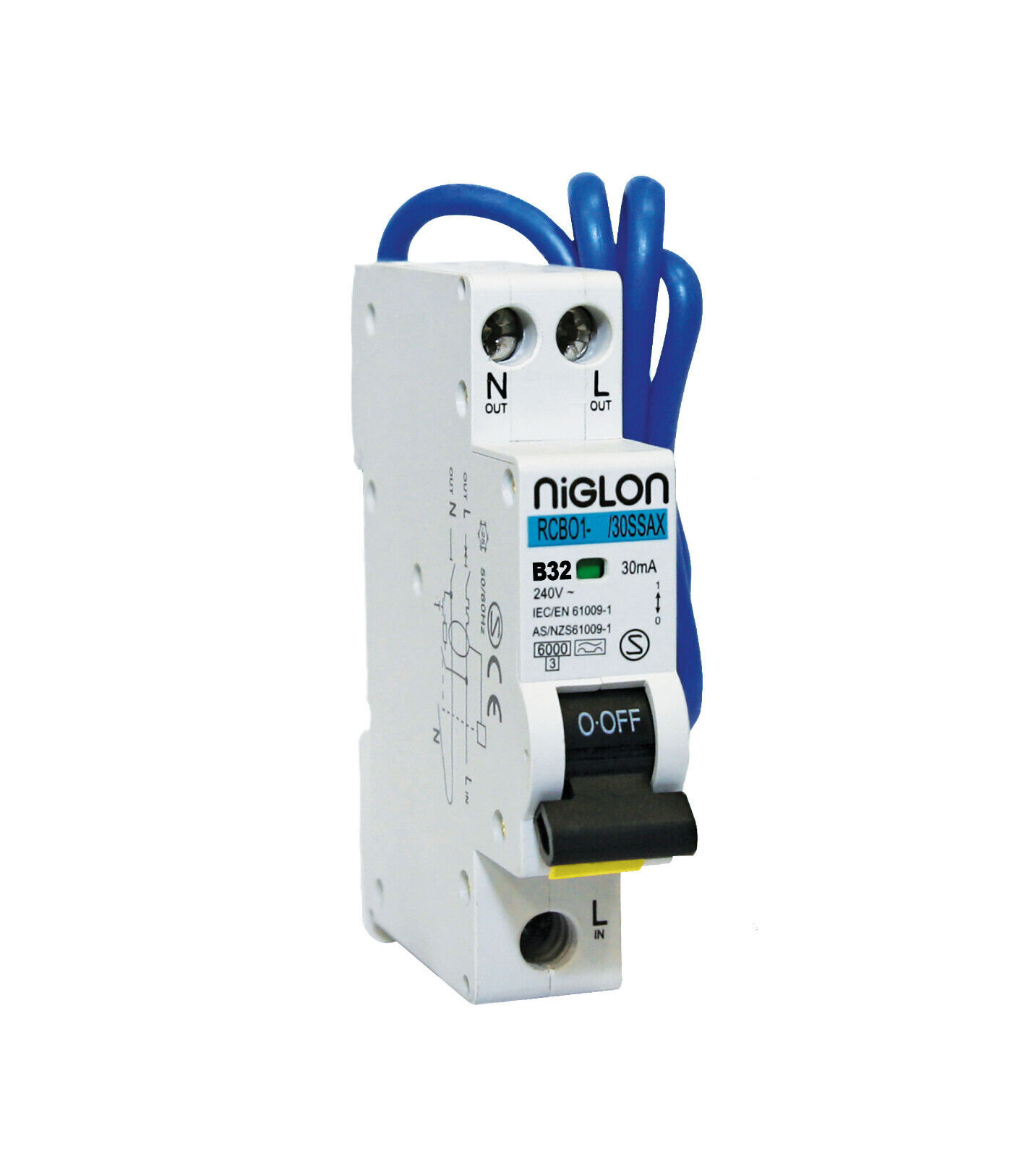 Niglon 32A 30mA "Type A" B Rated Switched Line & Neutral MINI RCBO