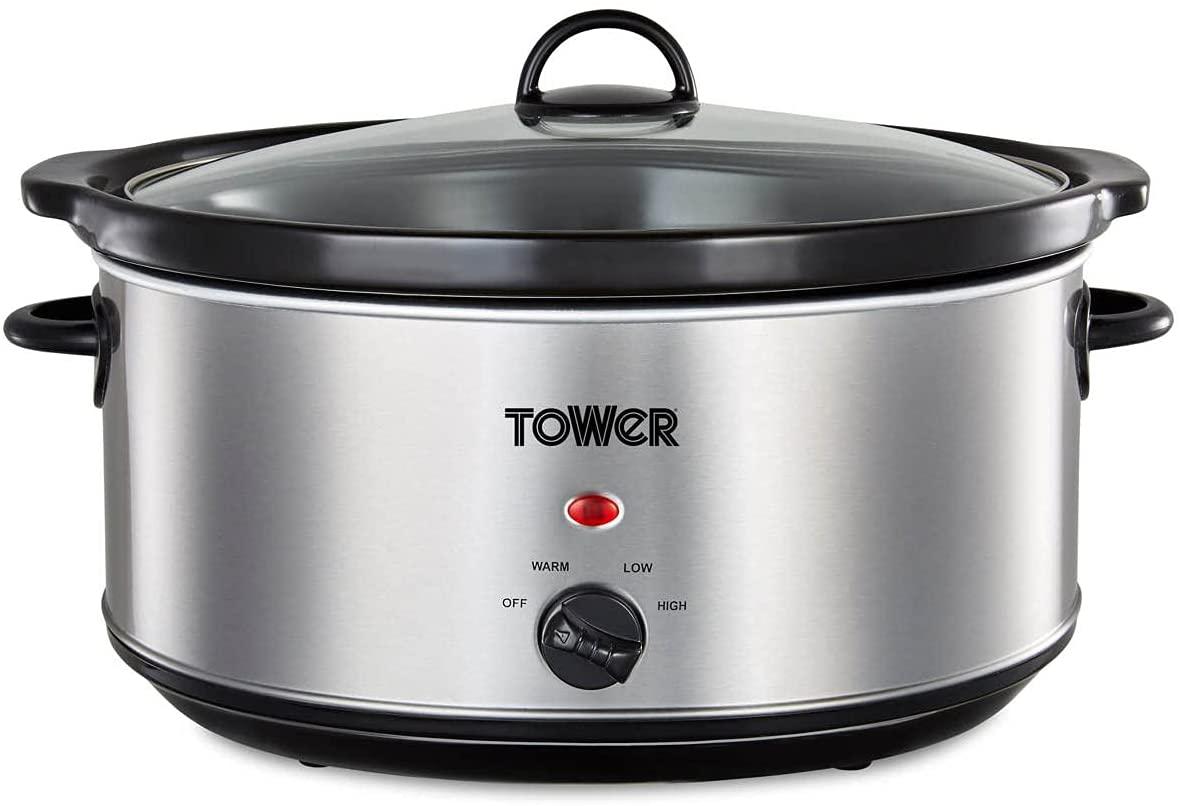Tower 6.5 Litre Slow Cooker with 3 Heat Settings, Toughened Glass Lid, 320w, Stainless Steel Finish