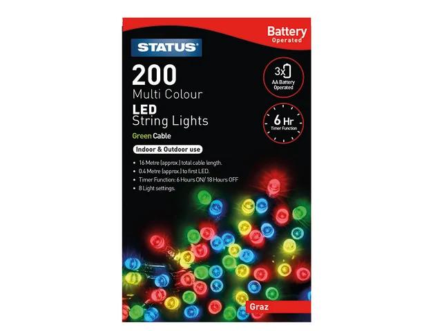 Status Graz Battery String Lights + Timer 200LED Multi-Coloured 