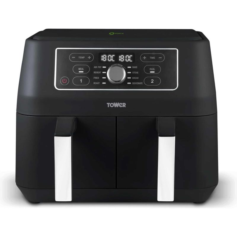 Tower T17181AFR 8L Vortx Dual Basket Digital Air Fryer - Black with Chrome Trim 