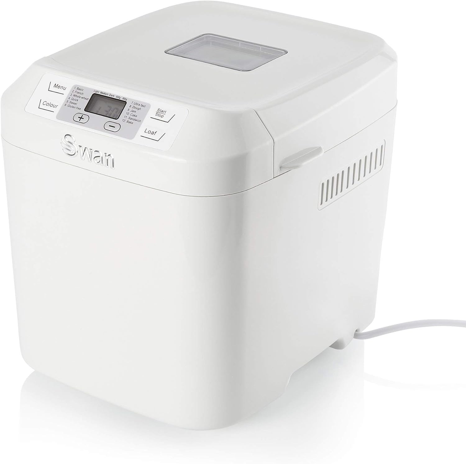 Swan SB22110N Digital Bread Maker with Adjustable Crust Control, LCD Display, 12 Functions including Fast Bake and Keep Warm, 550W, White