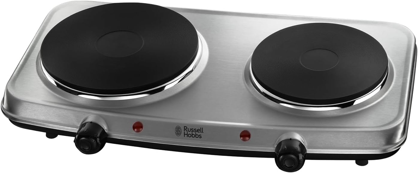 Russell Hobbs 15199 Double Hot Plate Electric Stainless Steel Hob, 2 Cast iron plates, Large 1500W, Small 750W, Portable, Table top, Variable & Individual temp control