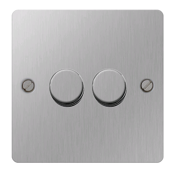 BG 2gang 2Way Dimmer Screwed Flatplate Brushed Steel 