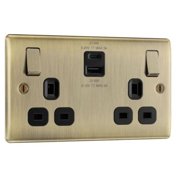 BG Twin 13a Socket Antique Brass Black Insert c/w USB A + C