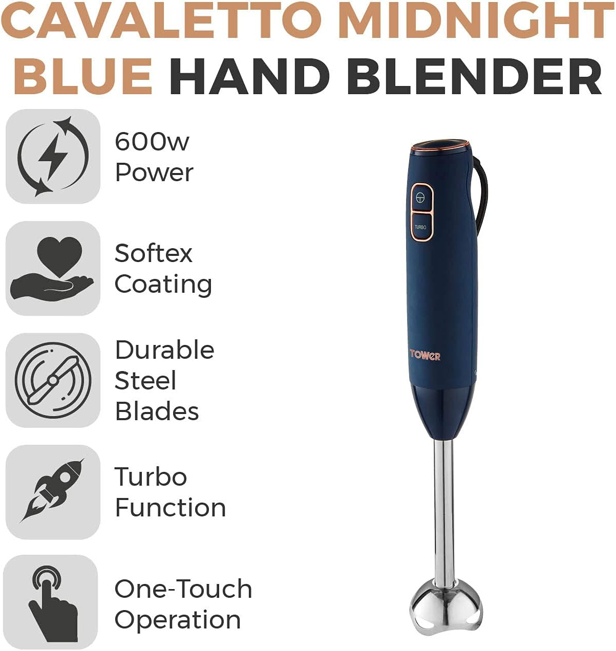 Tower T12059MNB Cavaletto 600W Stick Blender Midnight Blue and Rose Gold 