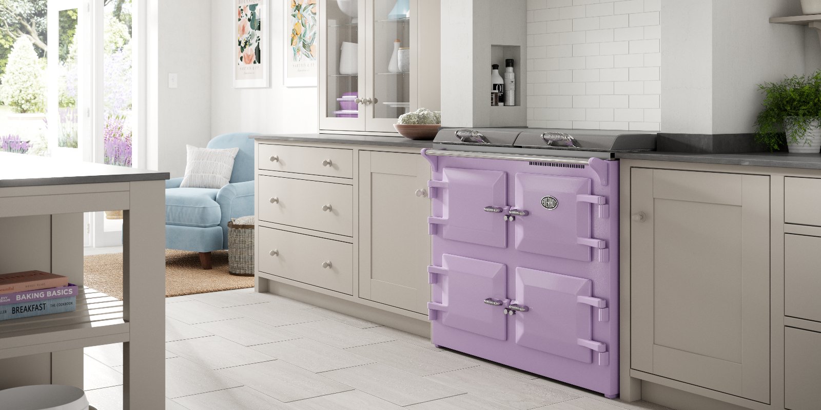 Lavender Everhot cooker in modern Shaker kitchen