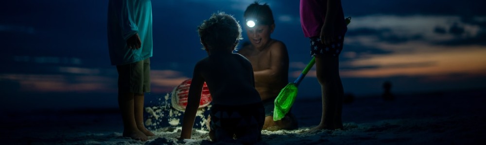 Children playing with Head torches on the beach - J Harries Electrical